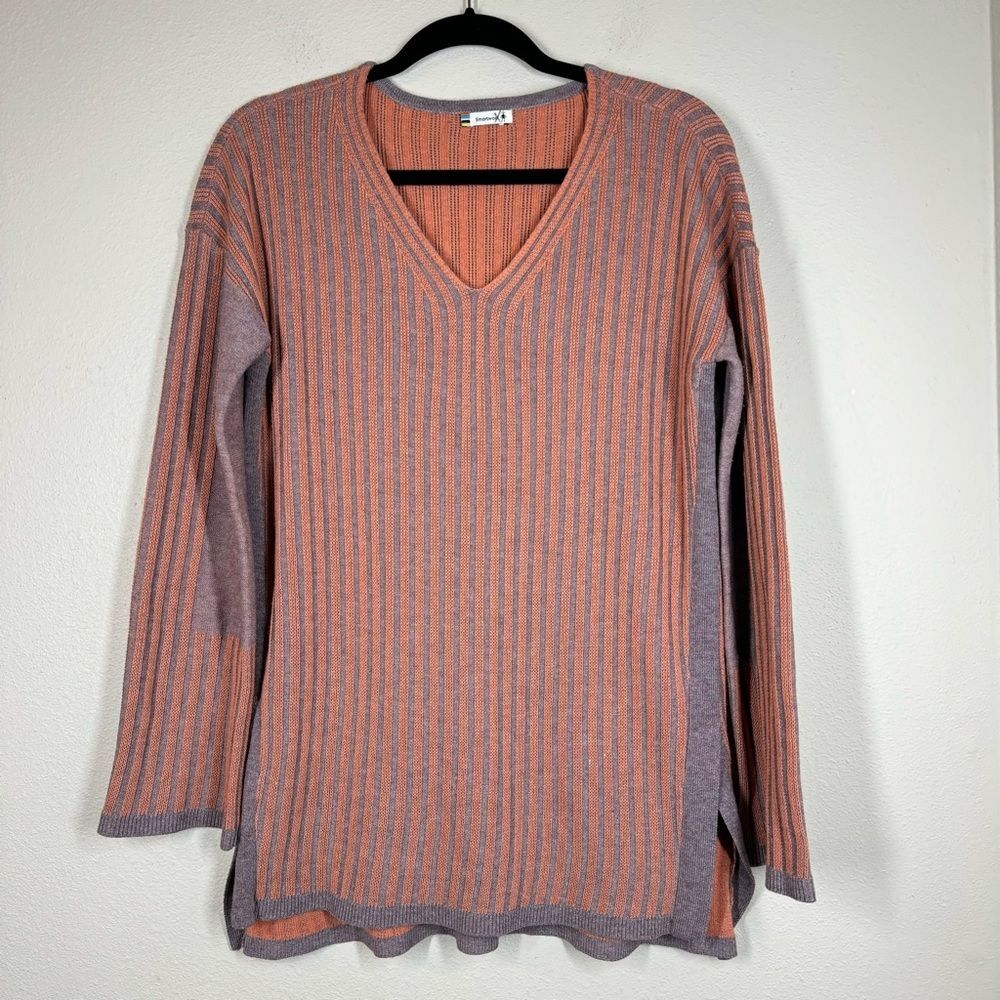 Smartwool Coral Orange Gray V Neck Long Sleeve Tunic Sweater Ribbed Large